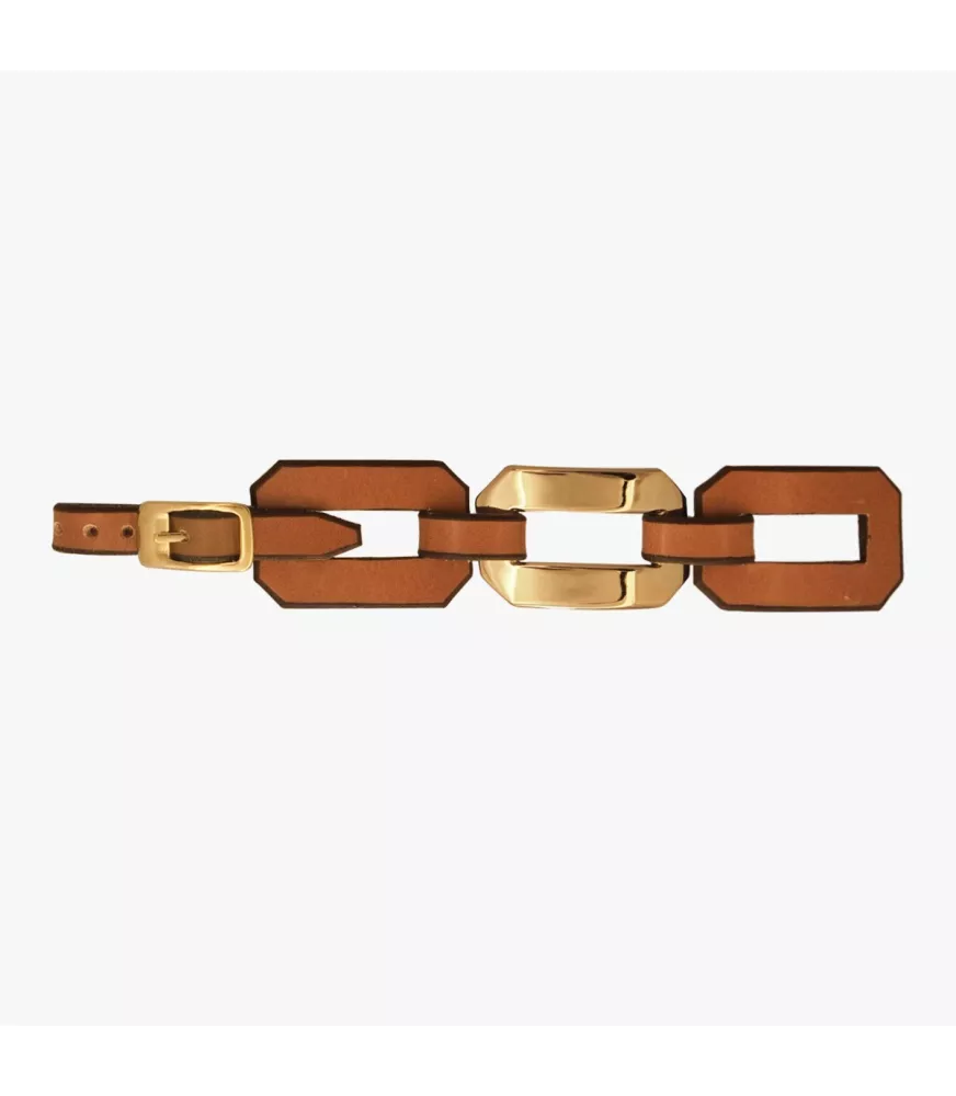 Pulsera Octógono Cuero CXC, en metal bañado en oro,  con cuero liso.