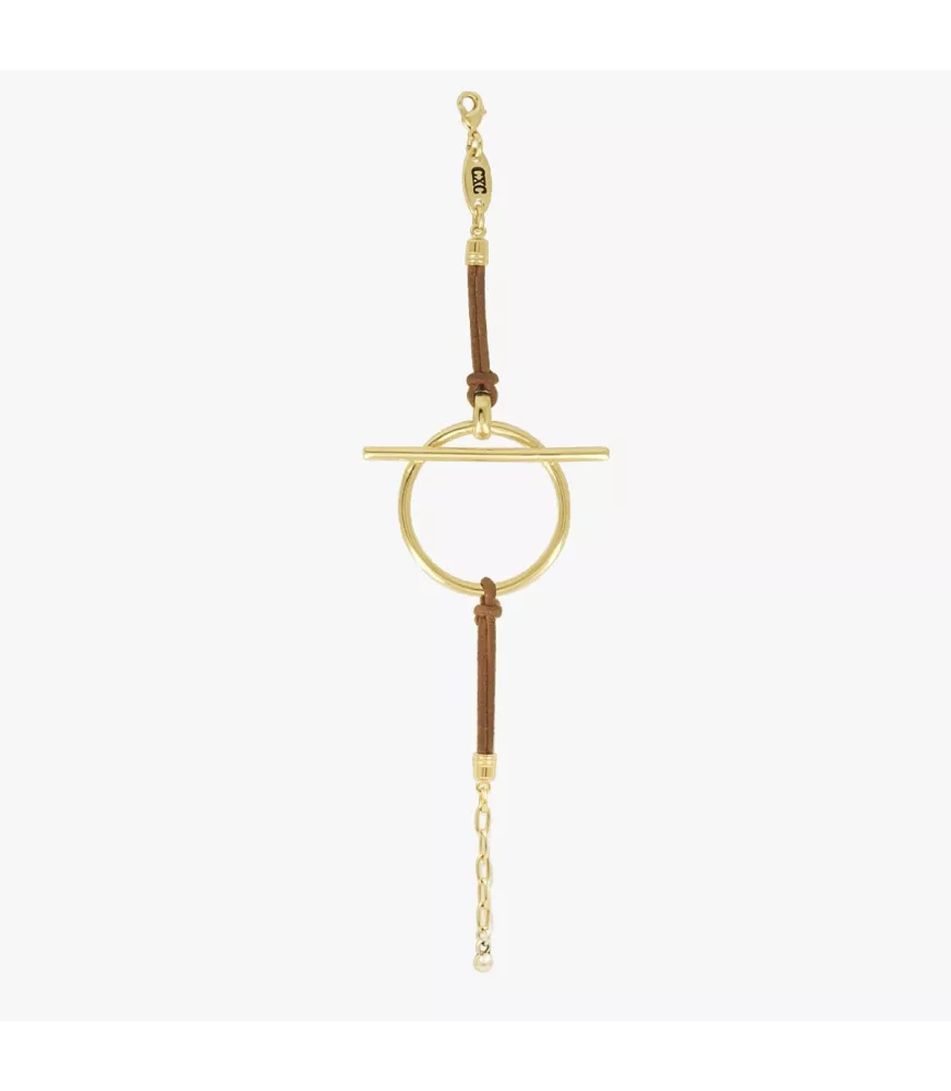 Pulsera Orígenes Slim CXC, en metal bañado en oro, con cuero liso.