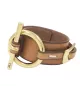 Pulsera Orígenes Cuero CXC, en metal bañado en oro y cuero camel