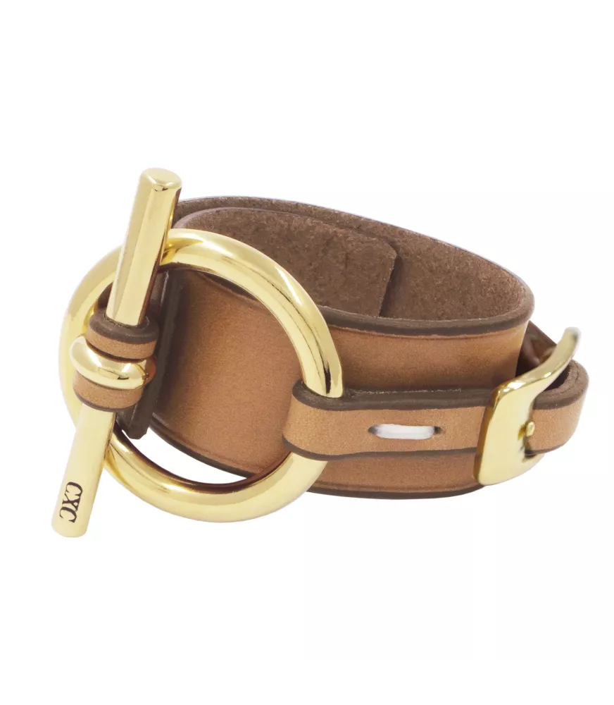 Pulsera Orígenes Cuero CXC, en metal bañado en oro y cuero camel