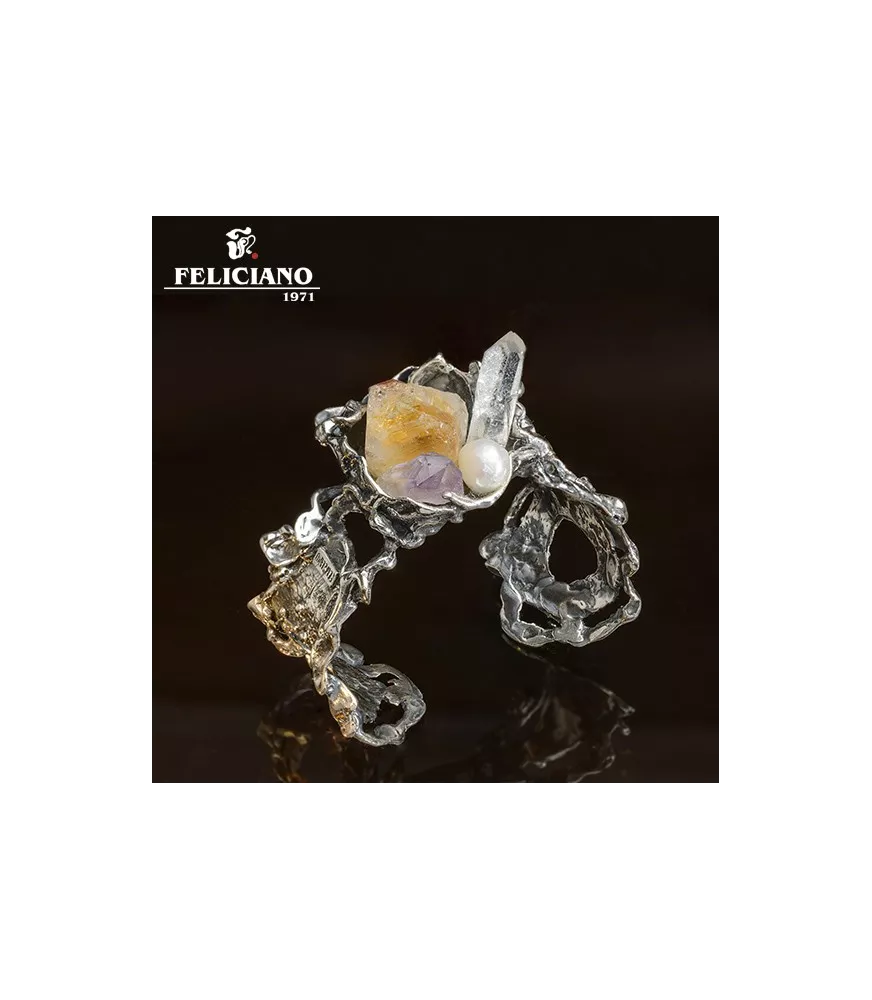 BRAZALETE EN PLATA, PERLA Y CUARZOS