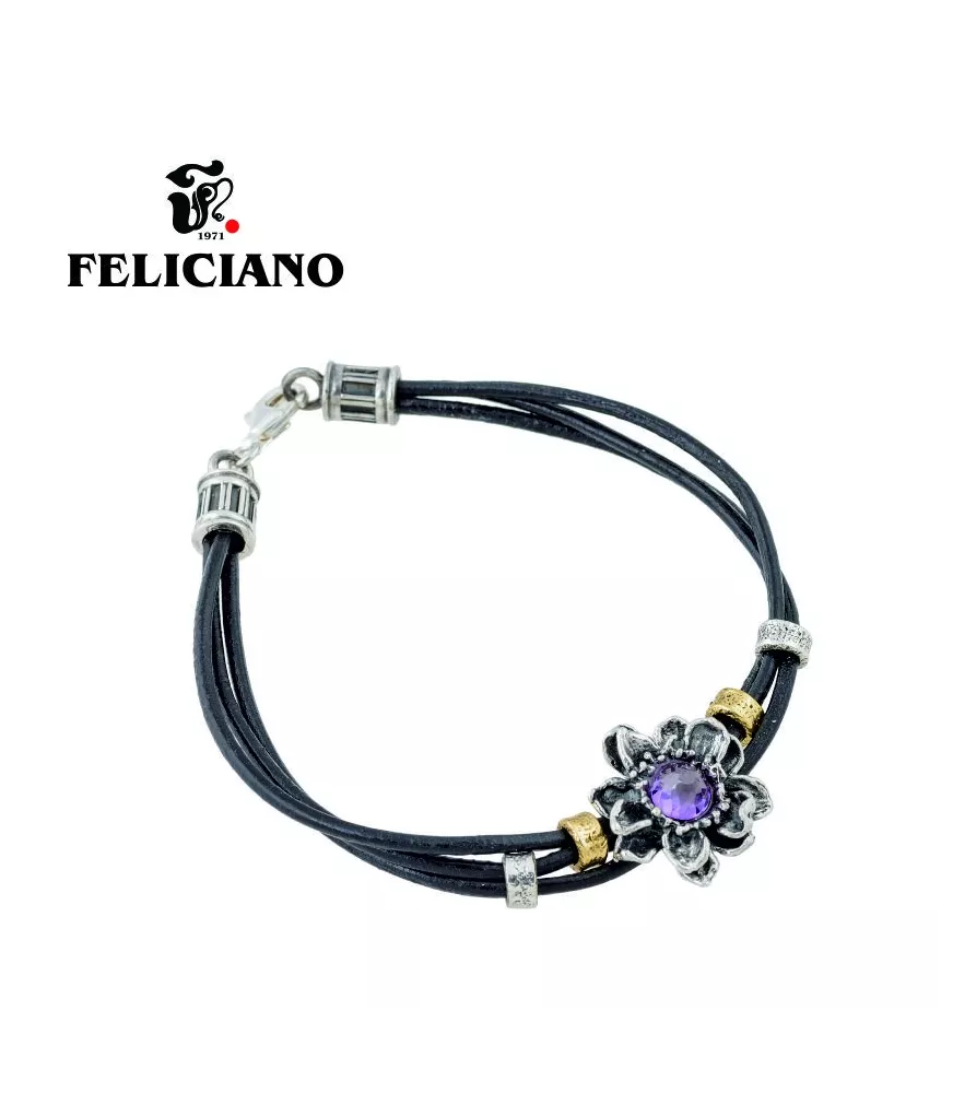 PULSERA FLOR DOBLE PETALO EN CUERO Y PLATA