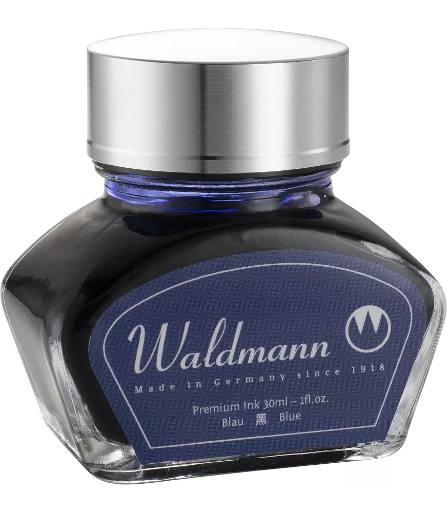 Tintero de tinta azul Waldmann con tapa de metal plateada
