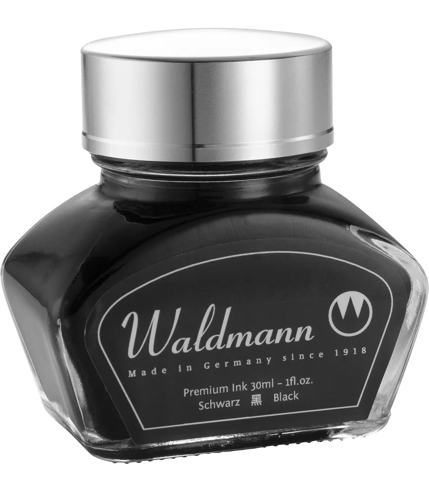 Tintero de tinta negra Waldmann con tapa de metal plateado