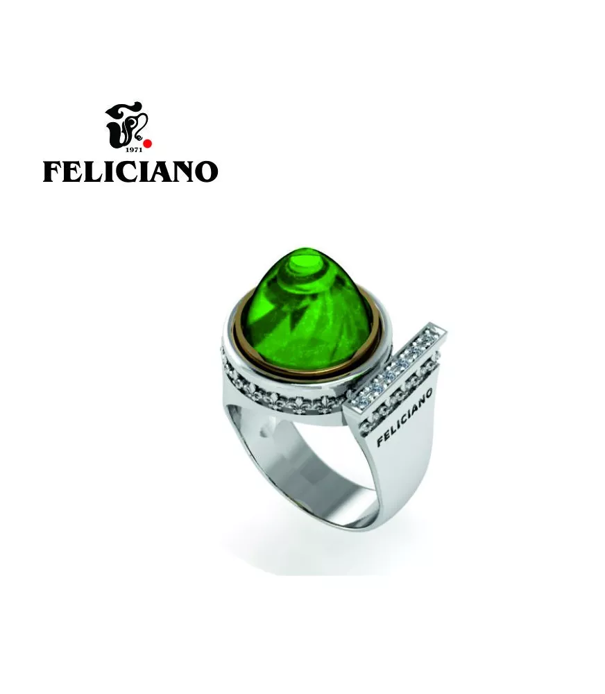 ANILLO DE PLATA, BRONCE, CUARZO HIDROTERMAL VERDE  Y CIRCONITAS