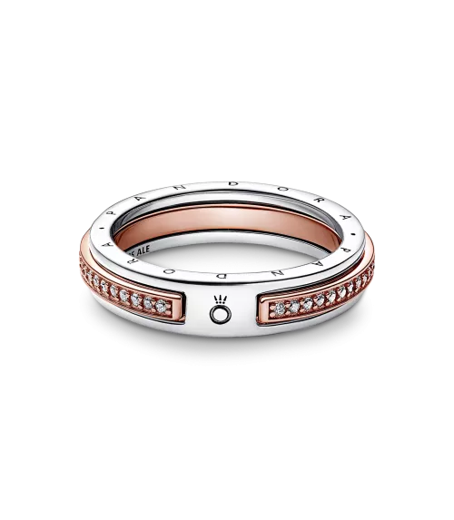 Anillo Pandora Signature en plata de ley y con un recubrimiento en oro rosa de 14k Logo & Pavé en Dos Tonos