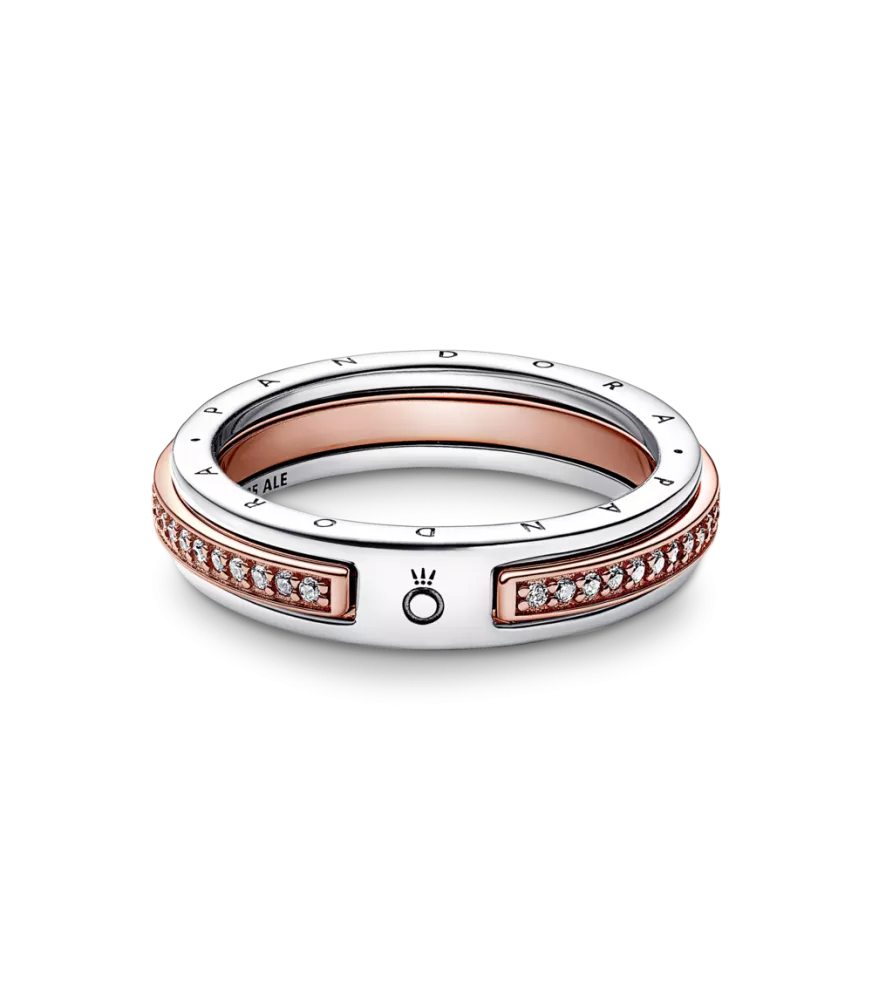 Anillo Pandora Signature en plata de ley y con un recubrimiento en oro rosa de 14k Logo & Pavé en Dos Tonos