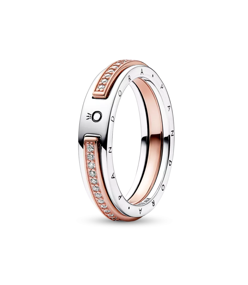 Anillo Pandora Signature en plata de ley y con un recubrimiento en oro rosa de 14k Logo & Pavé en Dos Tonos
