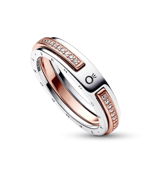 Anillo Pandora Signature en plata de ley y con un recubrimiento en oro rosa de 14k Logo & Pavé en Dos Tonos