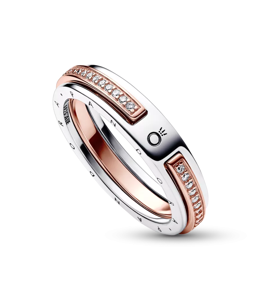 Anillo Pandora Signature en plata de ley y con un recubrimiento en oro rosa de 14k Logo & Pavé en Dos Tonos