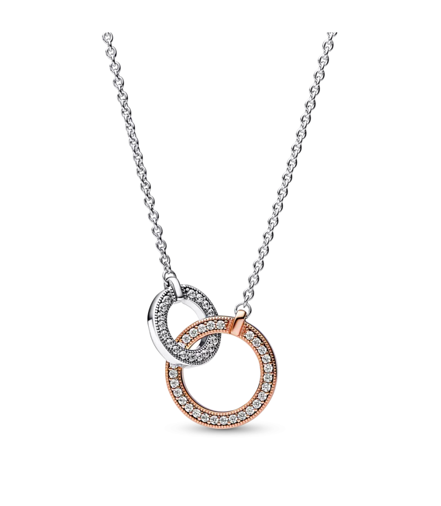 Collar Pandora Signature en plata de ley y con un recubrimiento en oro rosa de 14k Círculos Entrelazados en Dos Tonos