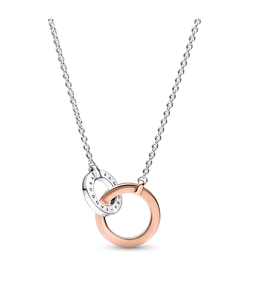 Collar Pandora Signature en plata de ley y con un recubrimiento en oro rosa de 14k Círculos Entrelazados en Dos Tonos