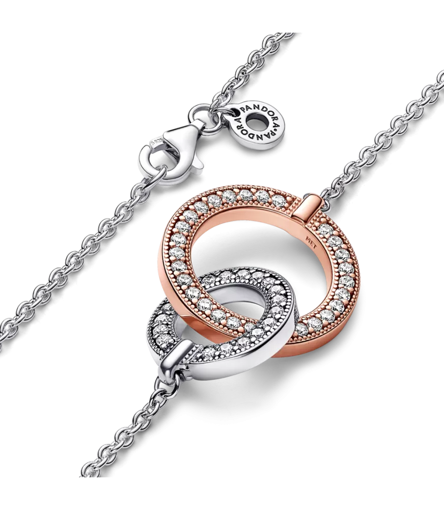 Collar Pandora Signature en plata de ley y con un recubrimiento en oro rosa de 14k Círculos Entrelazados en Dos Tonos