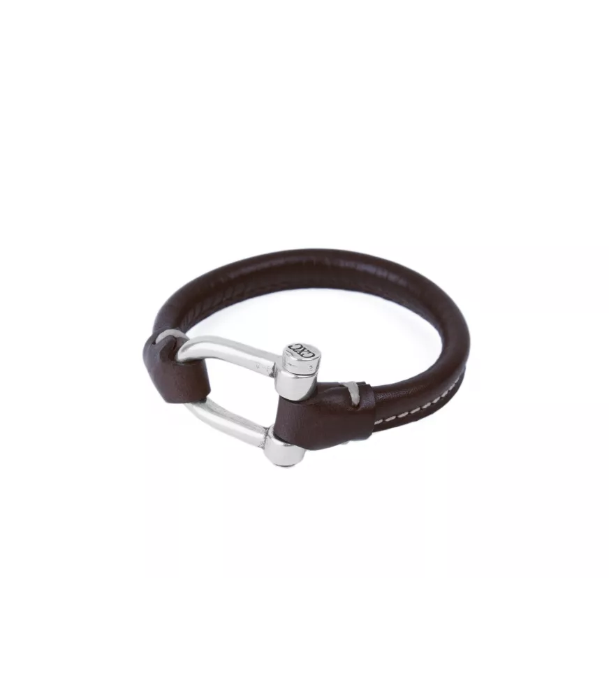 Pulsera Grillete Icon CXC, en metal bañado en plata, con cuero liso.