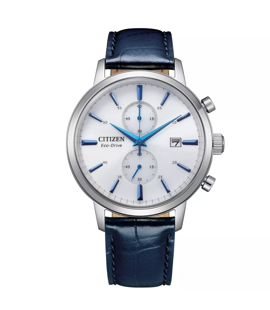 Eco-drive B642, cronógrafo 60 minutos, calendario y correa de piel.