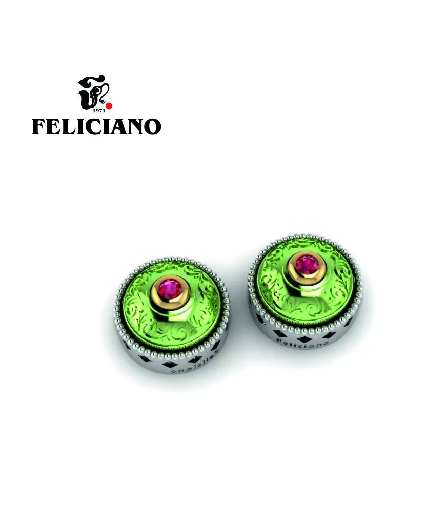 PENDIENTE GRANDE EN PLATA, BRONCE, BRONCE OXIDADO VERDE Y CUARZO HIDROTERMAL EN ROJO