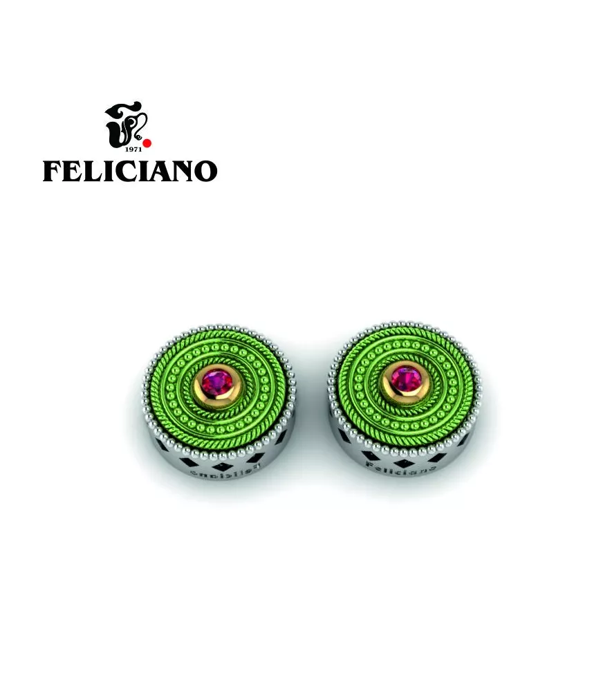 PENDIENTE GRANDE EN PLATA, BRONCE, BRONCE OXIDADO VERDE CON CUARZO HIDROTERMAL ROJO