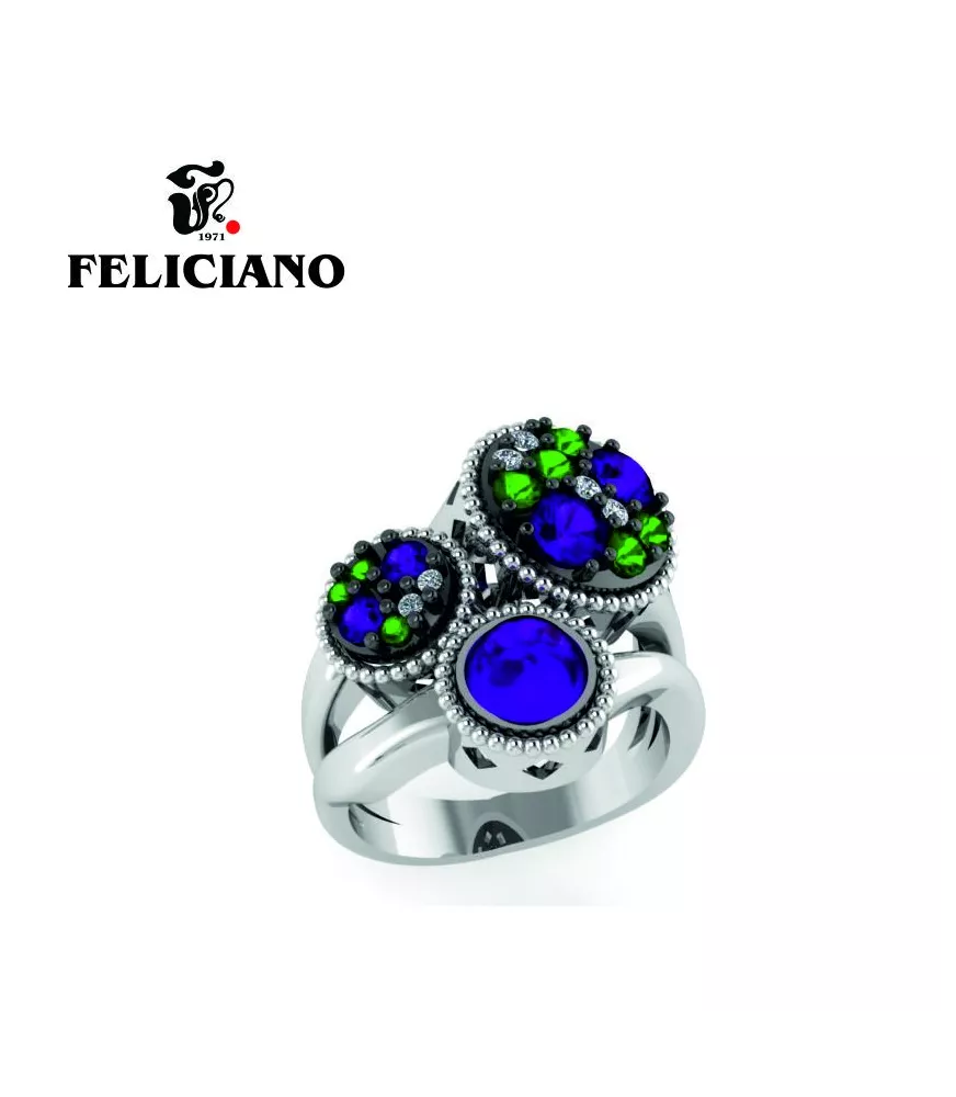 ANILLO GRANDE EN PLATA, CIRCONITA Y CUARZO HIDROTERMAL EN VERDE Y MORADO