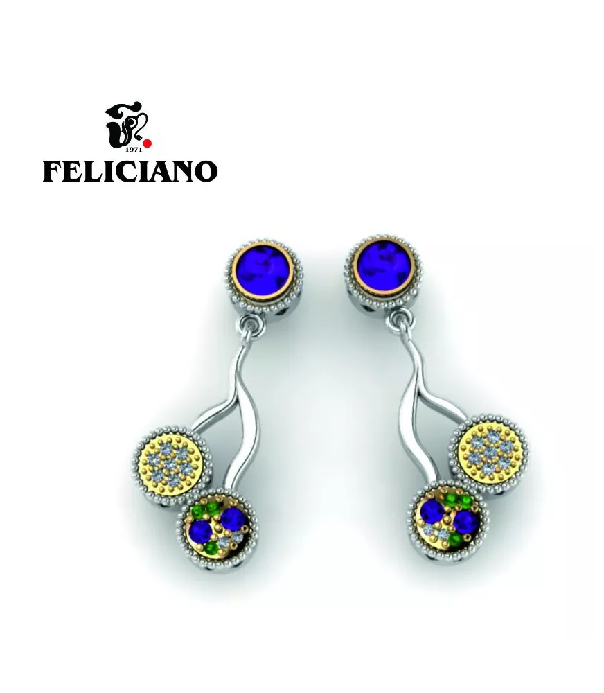 PENDIENTE LARGO EN PLATA, BRONCE, CIRCONITA Y CUARZO HIDROTERMAL EN DOS TONOS