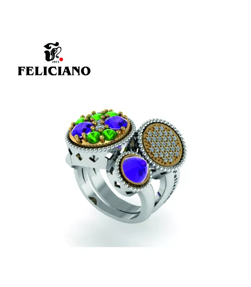 ANILLO GRANDE EN PLATA, BRONCE, CIRCONITA  Y CUARZO HIDROTERMAL EN DOS TONOS