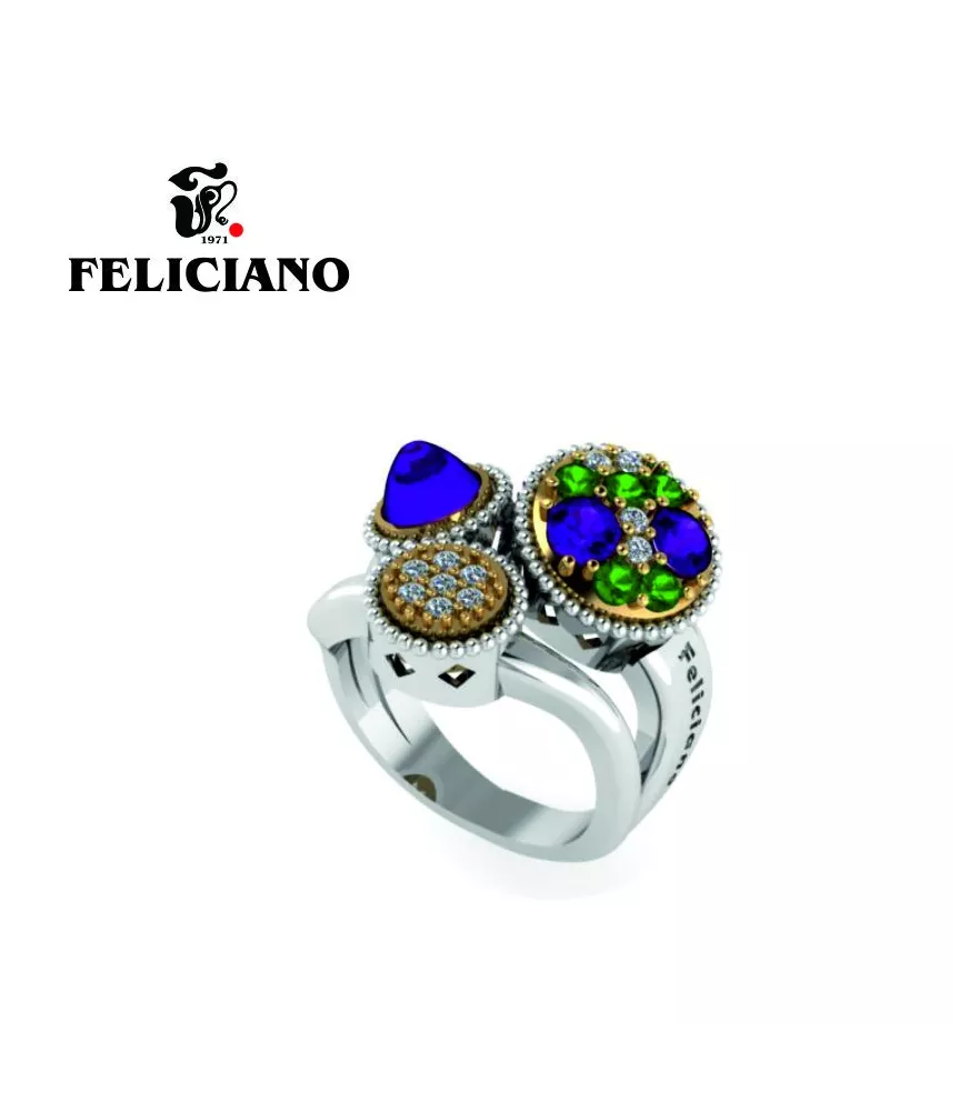 ANILLO GRANDE EN PLATA, BRONCE, CIRCONITA Y CUARZO HIDROTERMAL VERDE Y MORADO
