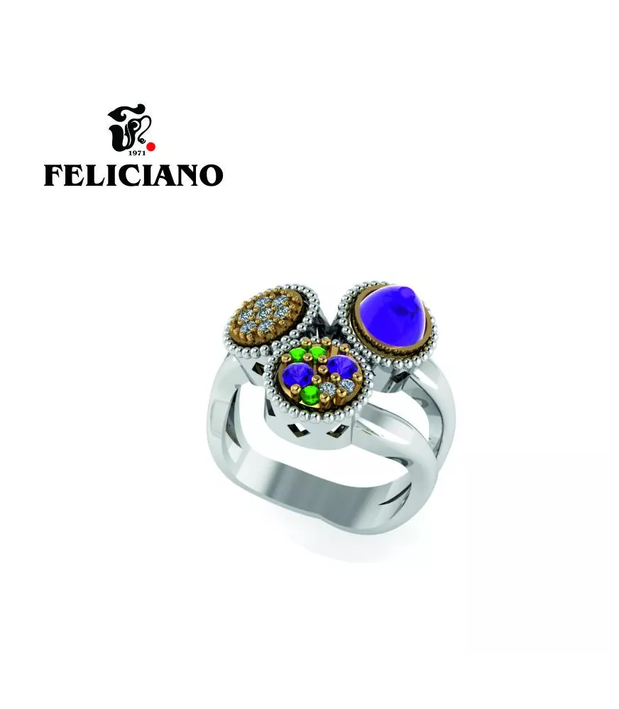 ANILLO PEQUEÑO EN PLATA, BRONCE, CIRCONITA Y CUARZO HIDROTERMAL VERDE Y MORADO
