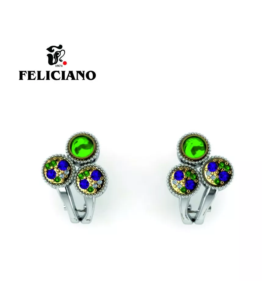 PENDIENTE CORTO EN PLATA, BRONCE, CIRCONITA Y CUARZO HIDROTERMAL EN VERDE Y MORADO