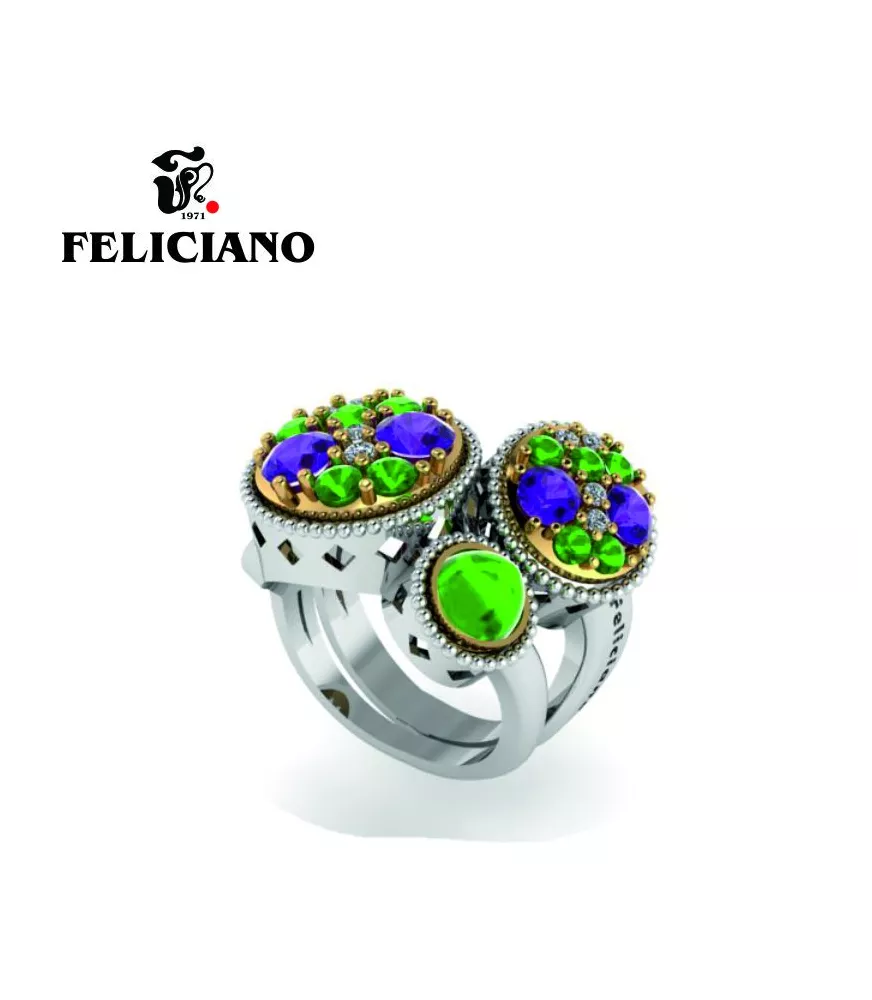 ANILLO GRANDE EN PLATA, BRONCE, CIRCONITA, CUARZO HIDROTERMAL EN TONO VERDE Y MORADO