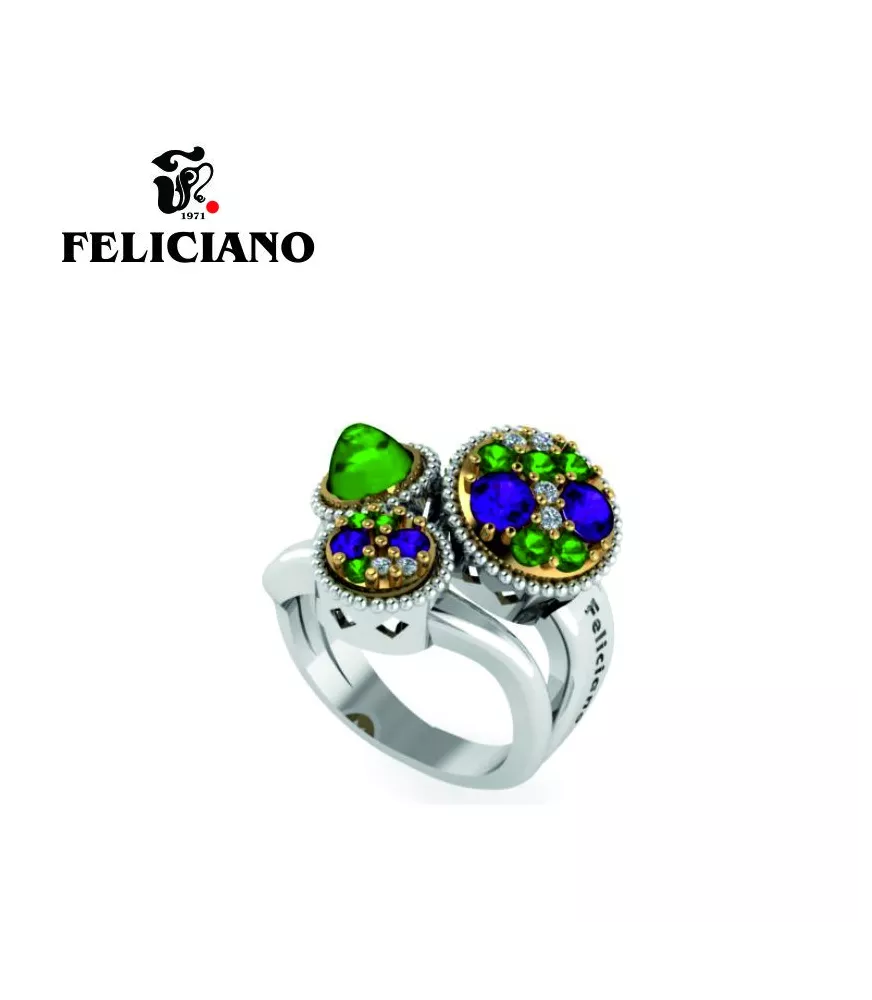 ANILLO GRANDE EN PLATA, BRONCE, CIRCONITAS Y CUARZO HIDROTERMAL EN DOS TONOS