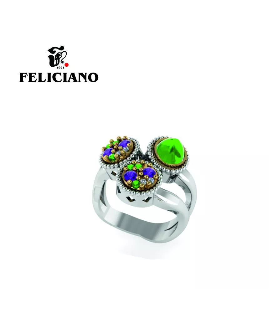ANILLO PEQUEÑO EN PLATA, BRONCE, CIRCONITAS Y CUARZO HIDROTERMAL VERDE Y MORADO