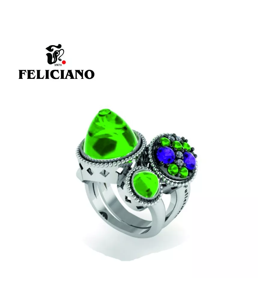 ANILLO GRANDE EN PLATA, CIRCONITAS Y CUARZO HIDRTERMAL EN TONO VERDE Y MORADO