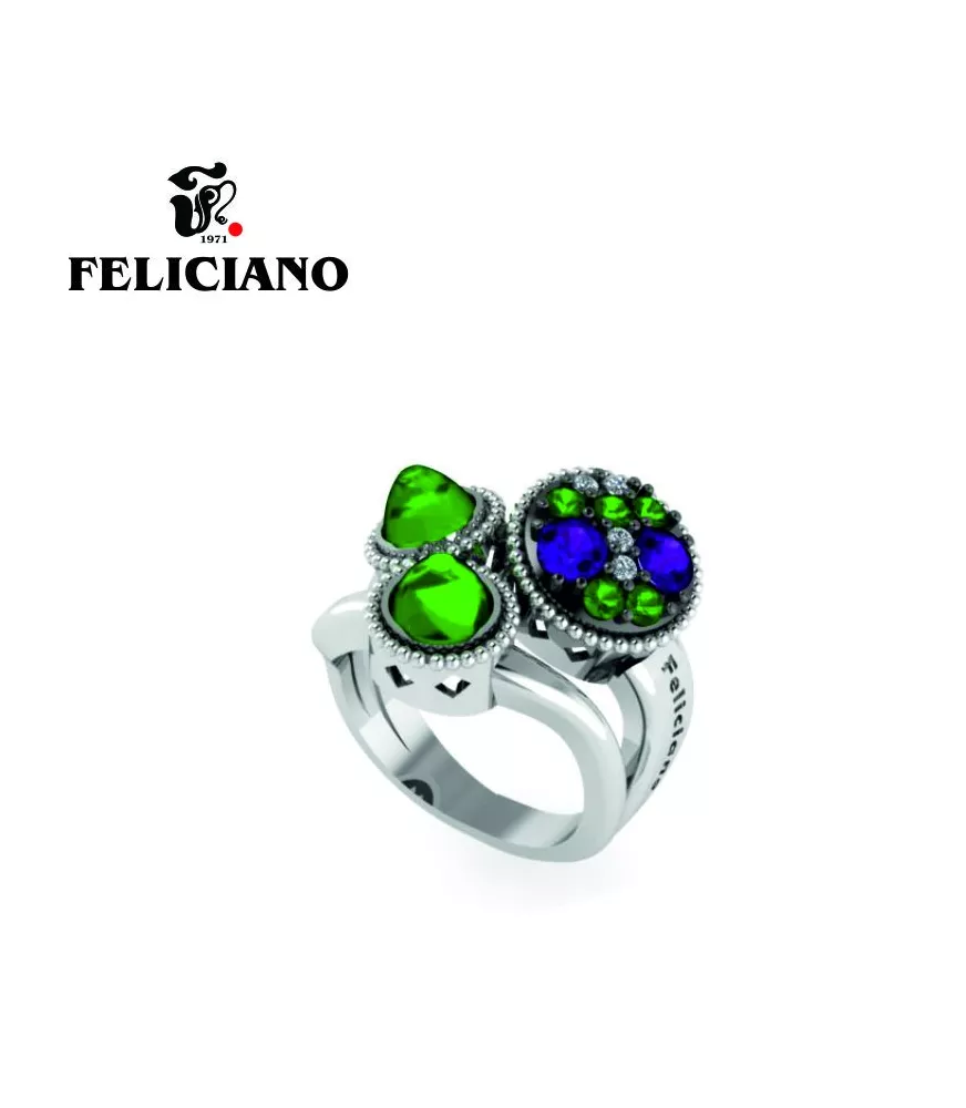 ANILLO GRANDE EN PLATA, CIRCONITAS, CUARZO HIDROTERMAL VERDE Y MORADO