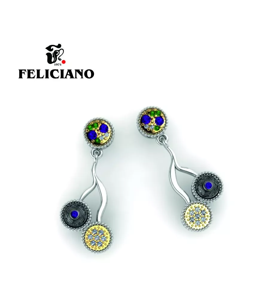 PENDIENTE LARGO EN PLATA, PLATA OXIDADA, BRONCE, CIRCONITAS Y CUARZO HIDROTERMAL EN VERDE Y MORADO