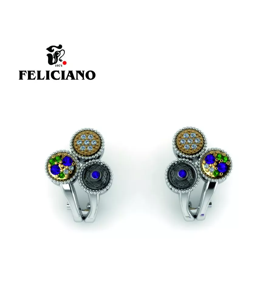 PENDIENTE GRANDE EN PLATA, PLATA OXIDADA, CIRCONITA Y CUARZO HIDROTERMAL VERDE Y MORADO