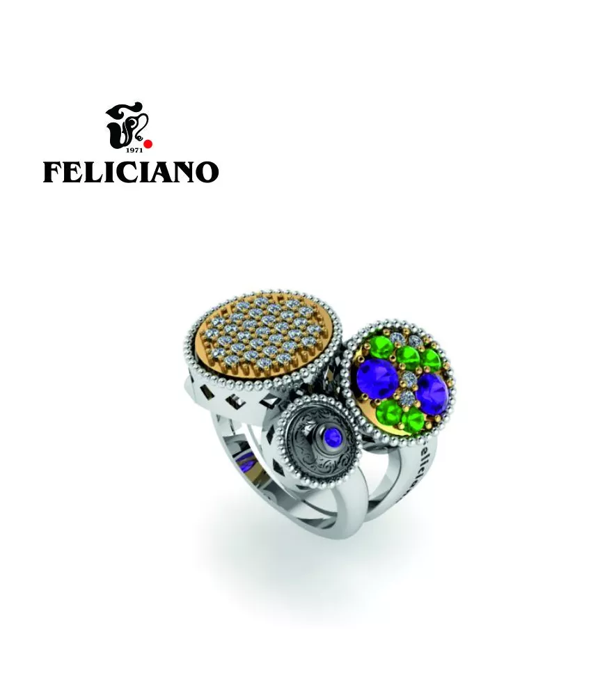 ANILLO GRANDE EN PLATA, PLATA OXIDADA, BRONCE, CIRCONITAS Y CUARZO HIDROTERMAL VERDE Y MORADO