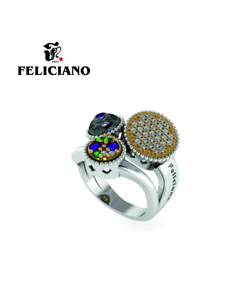 ANILLO PEQUEÑO EN PLATA, PLATA OXIDADA, BRONCE, CIRCONITAS Y CUARZO HIDROTERMAL VERDE Y MORADO
