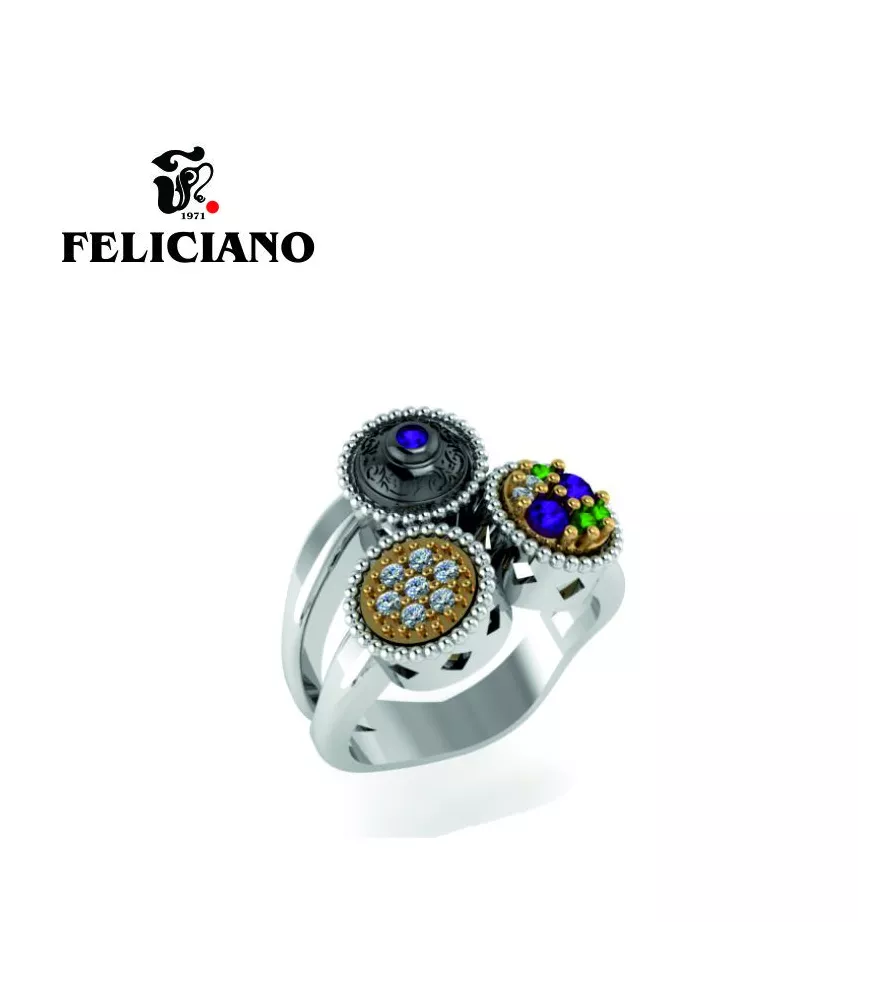 ANILLO PEQUEÑO CON PIEZAS DEL MISMO TAMAÑO EN PLATA, PLATA OXIDADA, BRONCE, CIRCONITAS Y CUARZO HIDROTERMAL VERDE Y MORADO