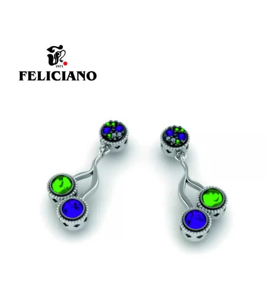 PENDIENTE LARGO EN PLATA, CIRCONITAS Y CUARZO HIDROTERMAL VERDE Y MORADO