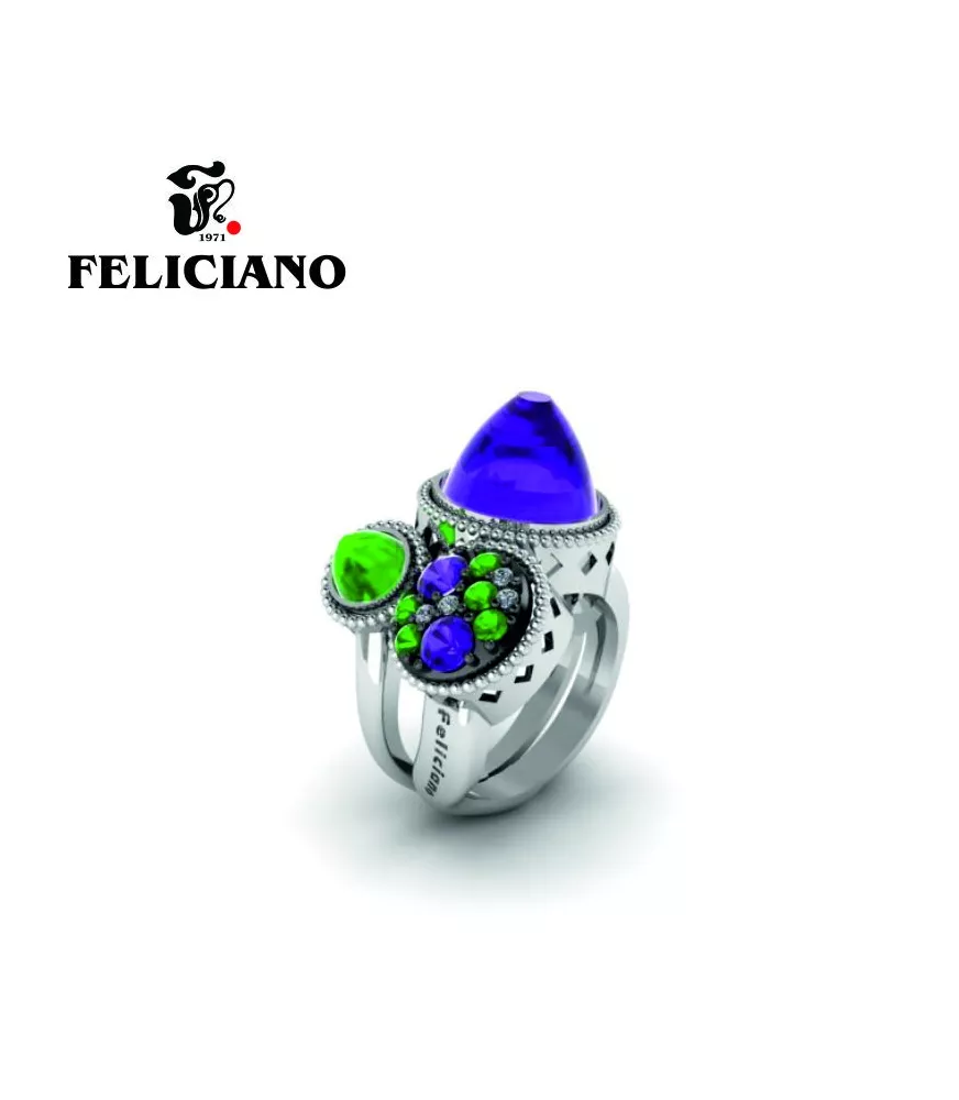 ANILLO GRANDE EN PLATA, CIRCONITAS Y CUARZO HIDROTERMAL VERDE Y MORADO