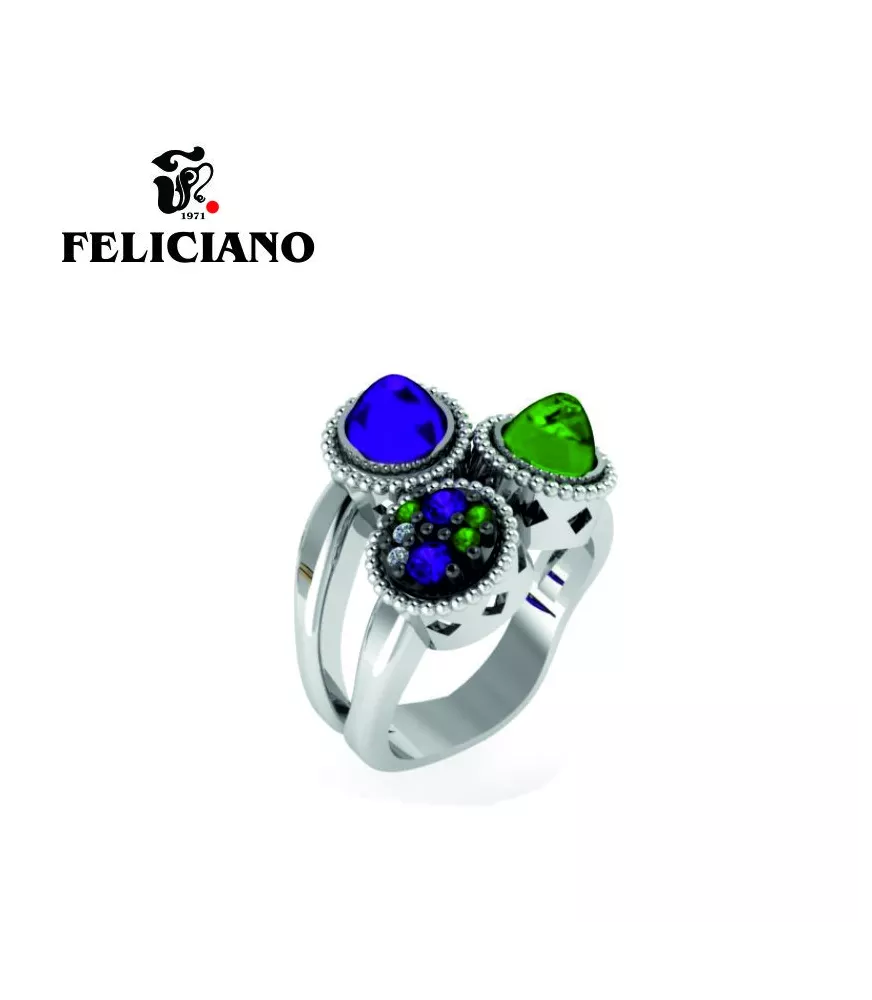 ANILLO PEQUEÑO CON PIEZAS DEL MISMO TAMAÑO EN PLATA, CIRCONITAS Y CUARZO HIDROTERMAL VERDE Y MORADO