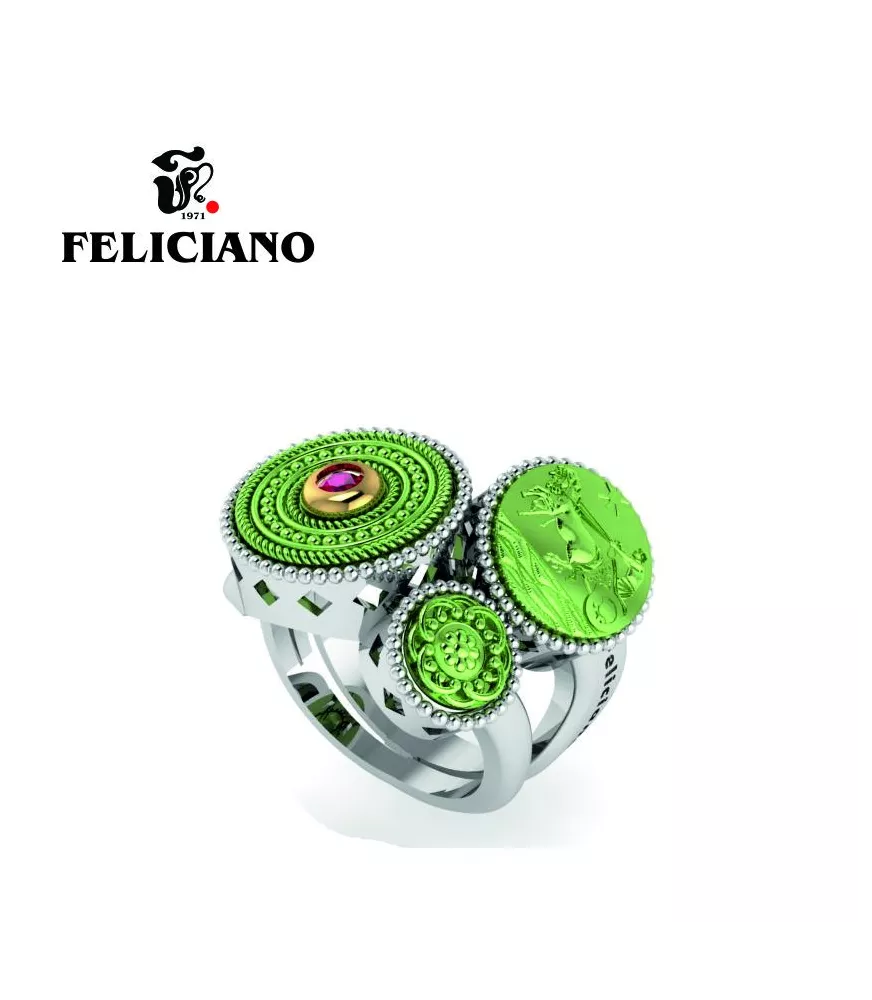 ANILLO TRES PIEZAS. DOS GRANDES Y UNA PEQUEÑA EN PLATA, BRONCE OXIDADO VERDE , BRONCE Y CUARZO HIDROTERMAL ROJO