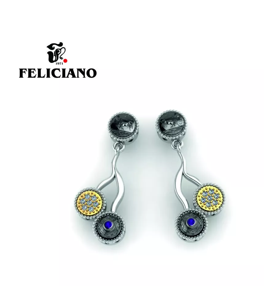 PENDIENTE LARGO EN PLATA, PLATA OXIDADA, BRONCE CON CIRCONITAS Y CUARZO HIDROTERMAL MORADO