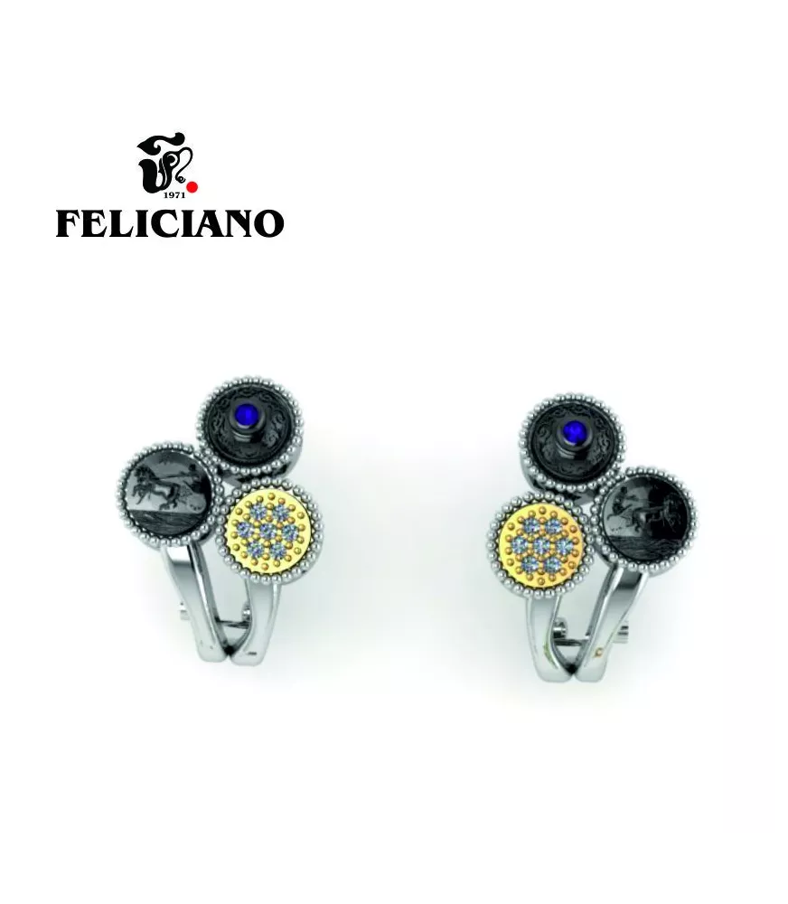 PENDIENTE CORTO OMEGA EN PLATA, PLATA OXIDADA CON CUARZO HIDROTERMAL MORADO Y BRONCE CON CIRCONITAS