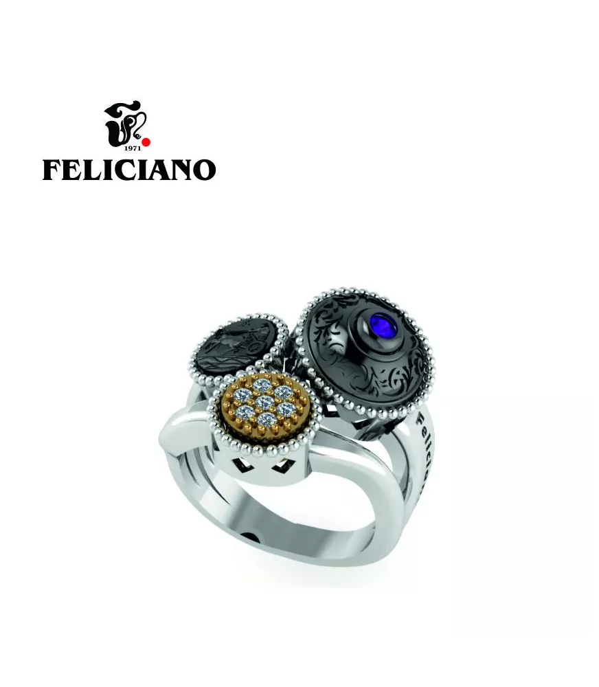 ANILLO TRES PIEZAS. DOS PEQUEÑAS Y UNA GRANDE EN PLATA, PLATA OXIDADA, BRONCE Y CUARZO HIDROTERMAL MORADO