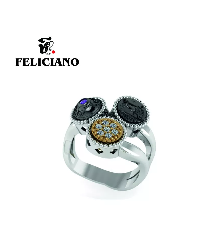 ANILLO TRES PIEZAS DE IGUAL TAMAÑO EN PLATA, PLATA OXIDADA, BRONCE, CIRCONITAS Y CUARZO HIDROTERMAL MORADO