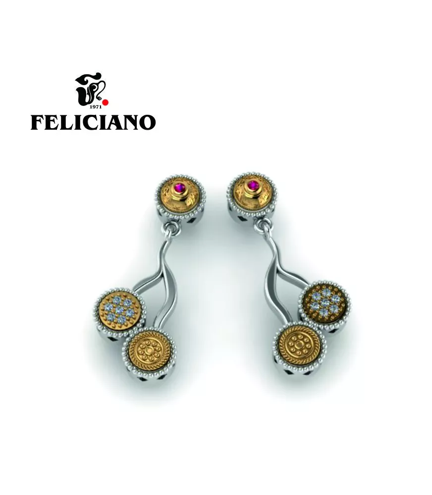 PENDIENTE LARGO EN PLATA, BRONCE, CIRCONITAS Y CUARZO HIDROTERMAL ROJO