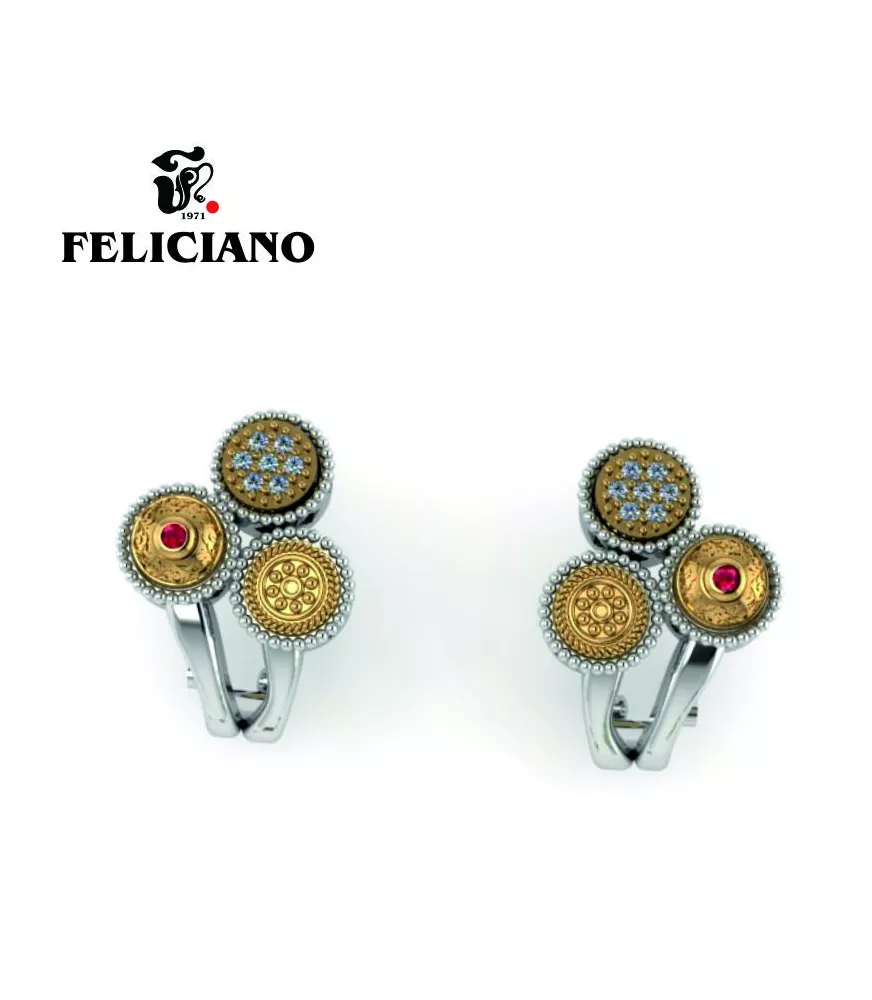 PENDIENTE CORTO OMEGA EN PLATA, BRONCE, CIRCONITAS Y CUARZO HIDROTERMAL ROJO