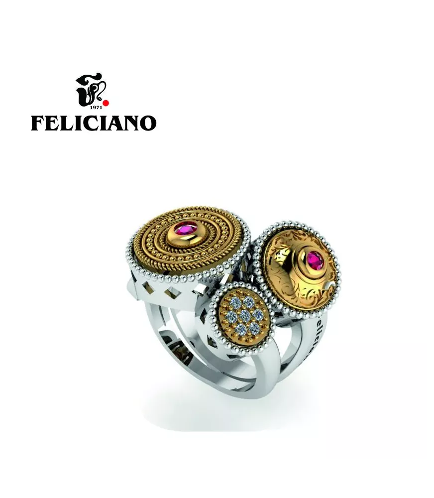 ANILLO TRES PIEZAS. DOS GRANDES Y UNA MEDIANA EN PLATA, BRONCE, CIRCONITAS Y CUARZO HIDROTERMAL EN ROJO