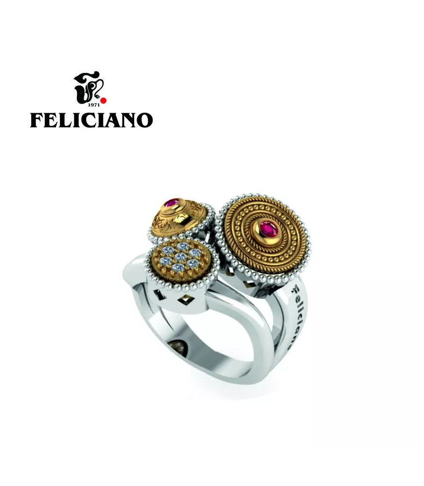 ANILLO TRES PIEZAS. UNA GRANDE Y DOS MEDIANAS EN PLATA, BRONCE, CIRCONITAS Y CUARZO HIDROTERMAL ROJO