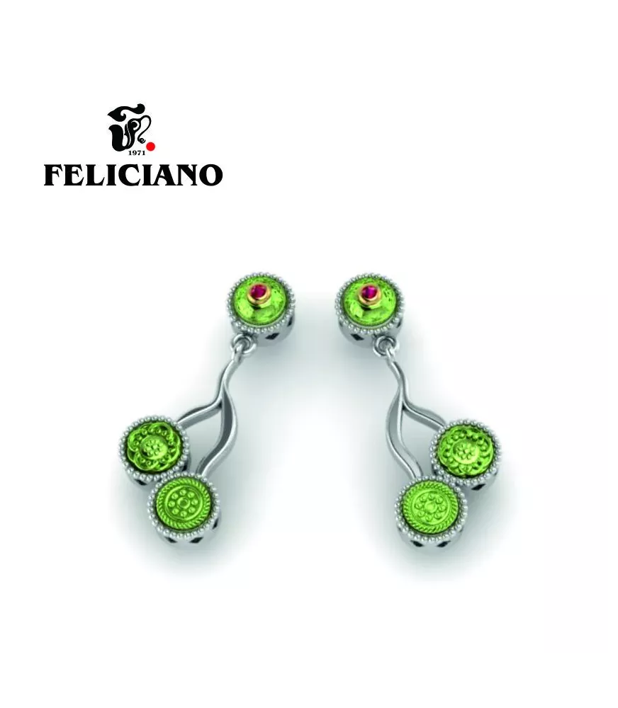 PENDIENTE LARGO EN PLATA, BRONCE, BRONCE OXIDADO EN VERDE Y CUARZO HIDROTERMAL ROJO